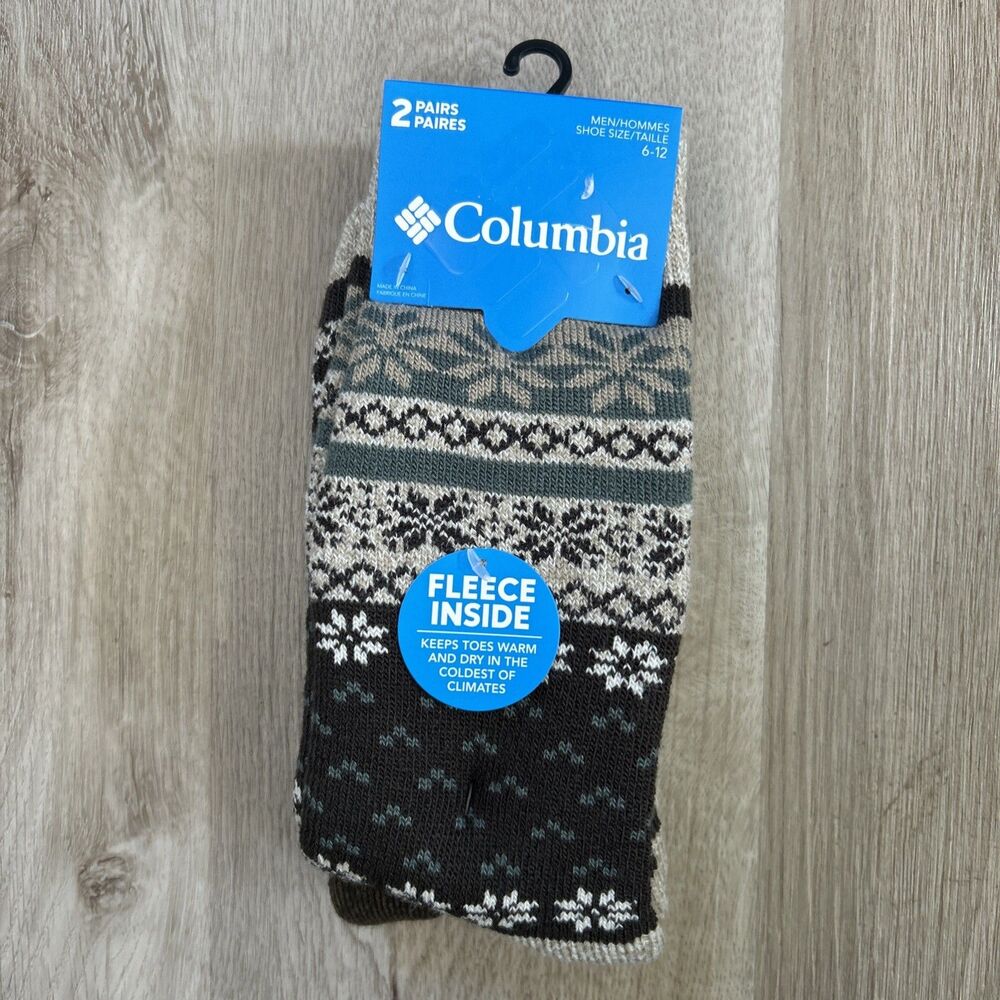 Columbia Fleece Lined Thermal Crew Socks 2Pk Brown Midweight Men’s Size 6-12 NWT